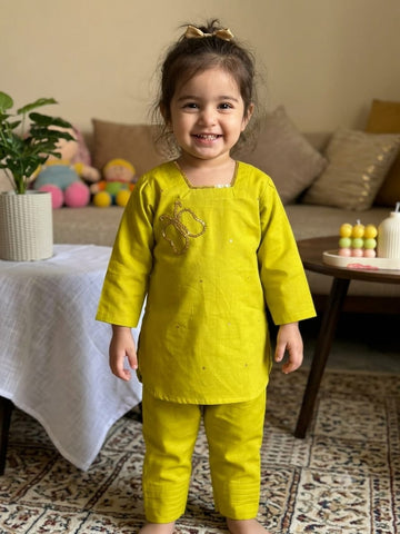 💛 Kids Hand-Embroidered Sitara Butterfly Cotton Co-ord Set