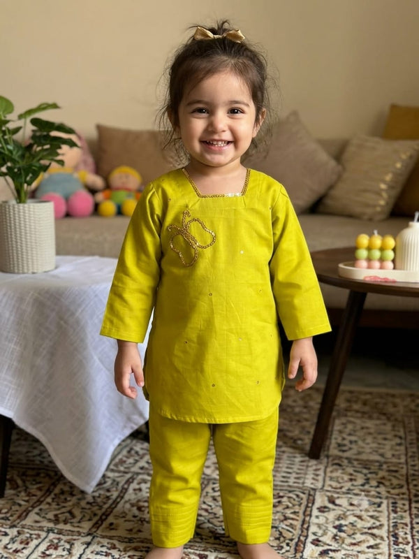 💛 Kids Hand-Embroidered Sitara Butterfly Cotton Co-ord Set