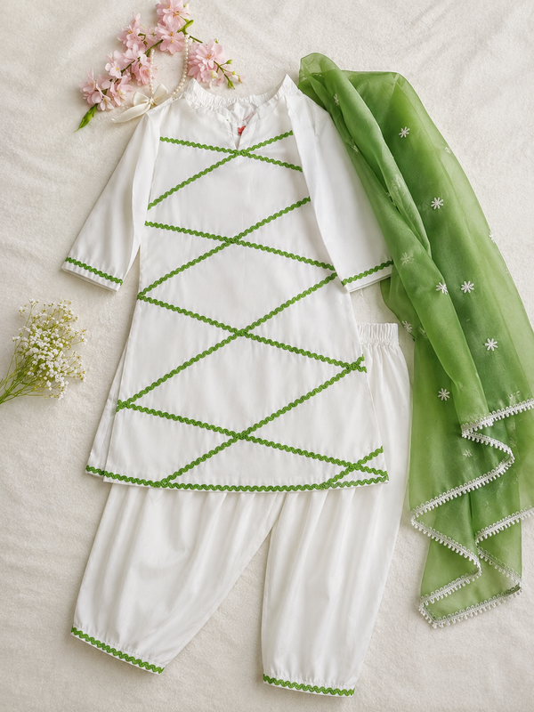 lace work Independence Day Kids Criss-Cross Lace Work Cotton Shalwar Kameez Set